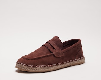Burano - Brick | Flat Calfskin Suede espadrilles shoes sewn in jute | Made in Italy, hand stitched | Loafers for men
