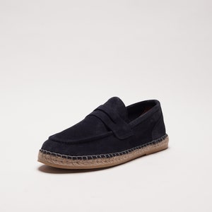 Burano - Indigo | Flat Calfskin Suede espadrilles shoes sewn in jute | Made in Italy, hand stitched | Loafers for men