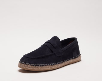 Burano - Indigo | Flache Kalbsleder Wildleder Espadrilles Schuhe in Jute genäht | Made in Italy, handgenäht | Loafer für Männer