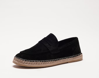 Burano - Black | Flat Calfskin Suede espadrilles shoes sewn in jute | Made in Italy, hand stitched | Loafers for men
