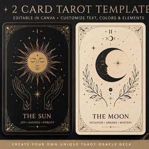 May include: Two tarot card templates with celestial designs. One card features a sun with a face and outstretched hands, the other a crescent moon with a face. The cards are 2.75 x 4.75 inches.