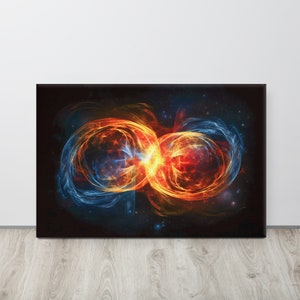 Könnte beinhalten: Abstrakter Kunstdruck mit zwei wirbelnden Kugeln aus Feuer und blauer Energie vor einem dunklen Hintergrund mit Sternen.