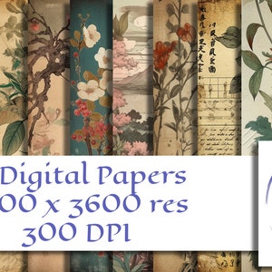 papier numérique japonais vintage, arrière-plan, motif asiatique, vieille écriture japonaise, antiquité, fleur de cerisier, fleurs, journal indésirable image 1