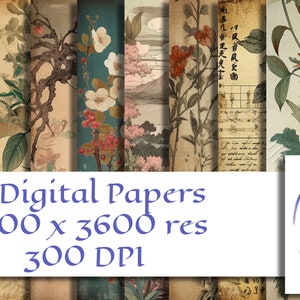 May include: Twelve digital papers featuring vintage floral and botanical illustrations in muted tones. The papers are 3600 x 3600 pixels and 300 DPI. The text "12 Digital Papers 3600 x 3600 res 300 DPI" is displayed in the center of the image. The text "EmporiumDigitalGB" is displayed in a circle in the lower right corner of the image.