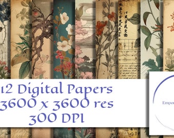 May include: Twelve digital papers featuring vintage floral and botanical illustrations in muted tones. The papers are 3600 x 3600 pixels and 300 DPI. The text "12 Digital Papers 3600 x 3600 res 300 DPI" is displayed in the center of the image. The text "EmporiumDigitalGB" is displayed in a circle in the lower right corner of the image.