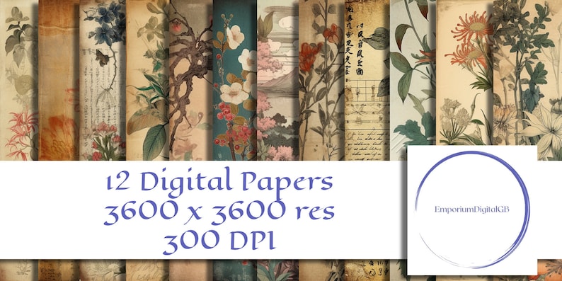papier numérique japonais vintage, arrière-plan, motif asiatique, vieille écriture japonaise, antiquité, fleur de cerisier, fleurs, journal indésirable image 1