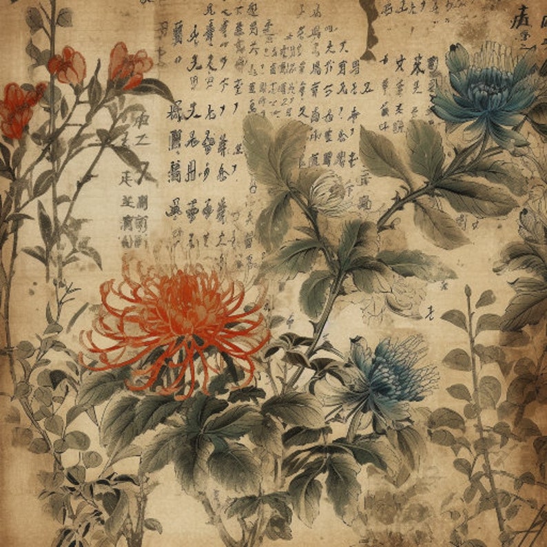 papier numérique japonais vintage, arrière-plan, motif asiatique, vieille écriture japonaise, antiquité, fleur de cerisier, fleurs, journal indésirable image 4