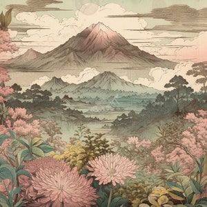 papier numérique japonais vintage, arrière-plan, motif asiatique, vieille écriture japonaise, antiquité, fleur de cerisier, fleurs, journal indésirable image 3