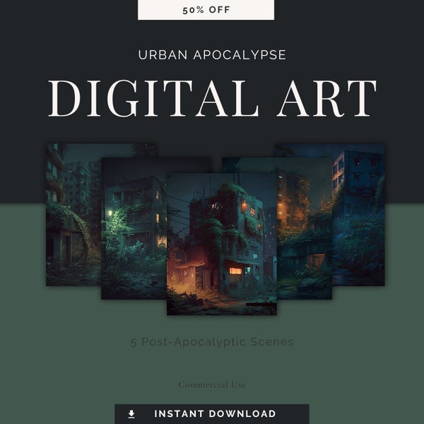 Urban Dystopia: Set of 5 Eerie Post-Apocalyptic Digital Art Prints