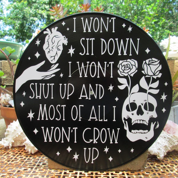 I won't sit down, I won't shut up, I won't grow up - Photosynthesis song lyric wall art on 12" vinyl record, punk folk rock wall record