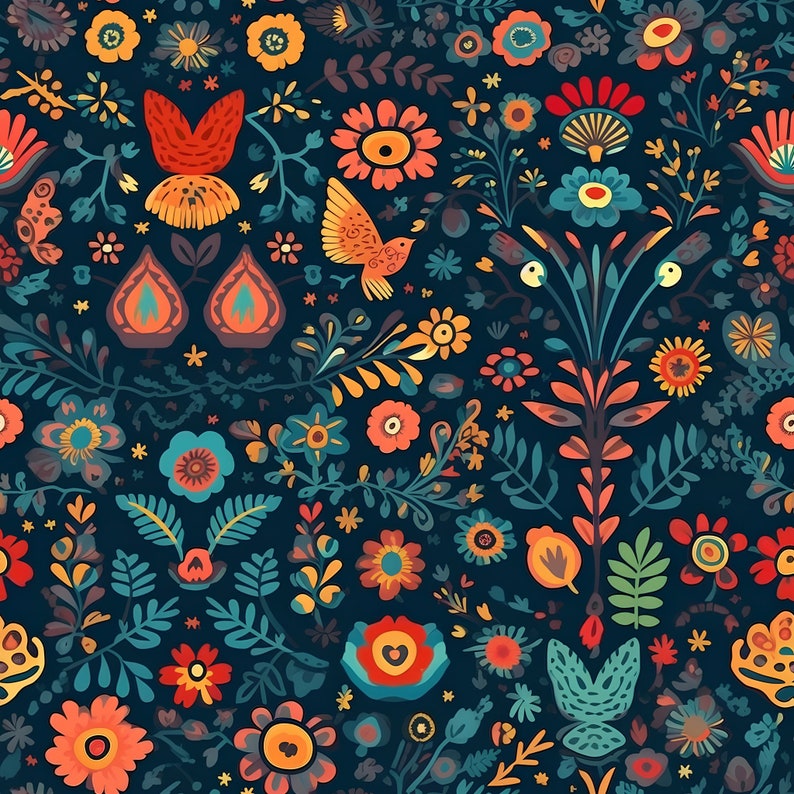 K&ouml;nnte beinhalten: Ein nahtloses Muster mit einem lebendigen Blumendesign mit V&ouml;geln und Schmetterlingen. Das Muster ist auf einem dunkelblauen Hintergrund gehalten und zeigt eine Vielzahl von Farben, darunter Rot, Orange, Gelb, Gr&uuml;n und Blau.