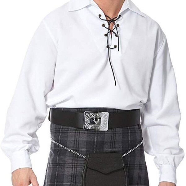 Nouvelle chemise kilt ghillie jacobite blanche traditionnelle écossaise pour homme - 100 % coton avec laçage en cuir véritable et oeillets codés par couleur - haute qualité