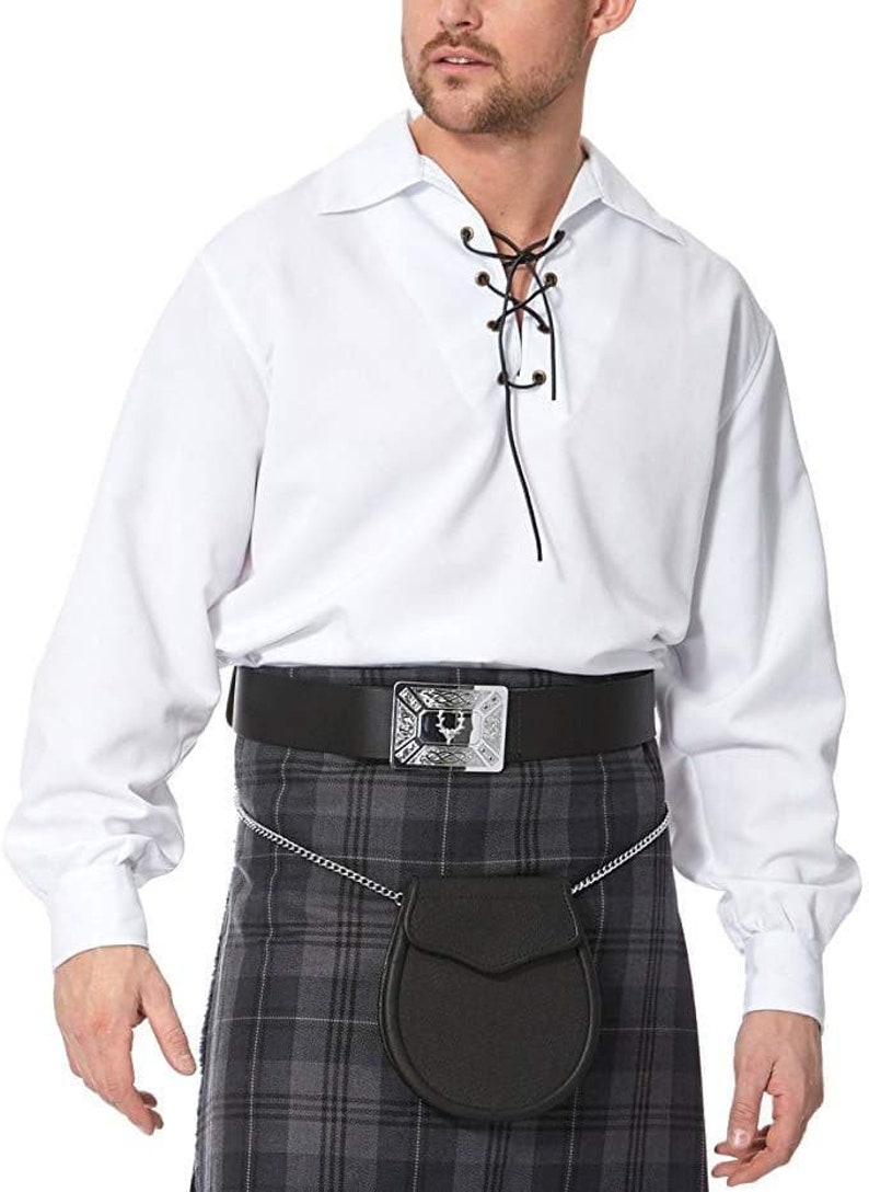 Neues schottisches traditionelles weißes Jacobite Ghillie Kilt-Hemd für Herren 100% Baumwolle mit Schnürung aus echtem Leder und farblich gekennzeichneten Ösen hohe Qualität Bild 1