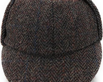 Schotse traditionele jagerhoed - Harris Tweed wol | wol,Two Peaks, herfstbruin visgraat met oranje en blauwe lijnen - zonder molleer