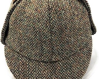 Schotse traditionele jagerhoed - Harris Tweed wol | wol, elegante stijl, twee pieken, herfstgroene vlek - zonder molleer