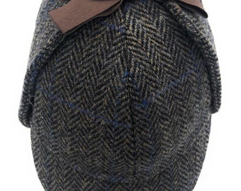 Chapeau de chasseur traditionnel écossais - Laine Harris Tweed | laine, Two Peaks, Autumn Black - chevrons foncés et carreaux bleus - sans moleskine