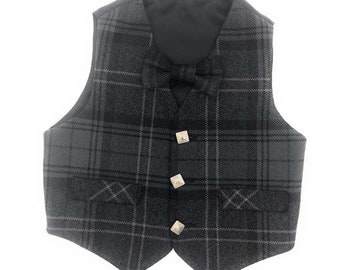 Scottish Grey Granite Tartan Boys Waistcoat Set, Bow Tie - 100% Wool - Different Sizes - Made in Scotland - Scottish Occasions