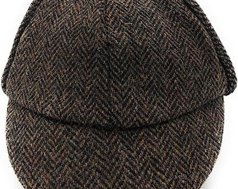 Scottish Traditional Hunter Hat - Harris Tweed wool | wool,Two Peaks, Autumn Dark Brown Herringbone - without Moleskin