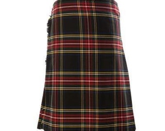 Kilt écossais noir de luxe de 8 mètres pour homme - Double frange et plis profonds - Idéal pour le football, le rugby et la mode - Tailles 30-50