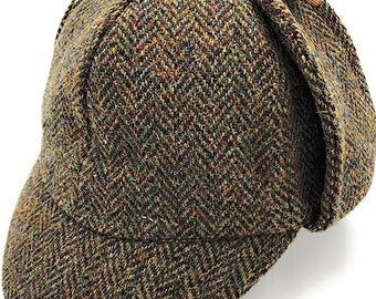 Schotse traditionele jagerhoed - Harris Tweed wol | wol, Two Peaks, herfstgroen visgraatmotief - zonder molleer