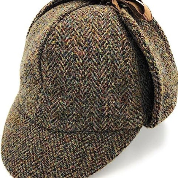 Scottish Traditional Hunter Hat - Harris Tweed wool | wool,Two Peaks, Autumn Green Herringbone - without Moleskin