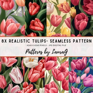Nahtloses Muster realistische Tulpen, Blumendruck Digitalpapier, realistische Blumentapete, Tulpendruck Hintergrund Scrapbookmuster