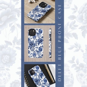 Delfts blauwe Iphone cover bloem, bloemen smartphone stoere case art, witte telefoon behuizing, Beschermende shell voor Iphone 11, 12, 13, 14 serie