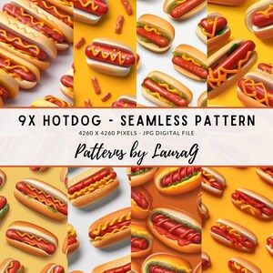 Realistic hotdog digital paper, Seamless pattern hotdog realistic, fastfood print wallpaper, background scrapbook pattern comfort food