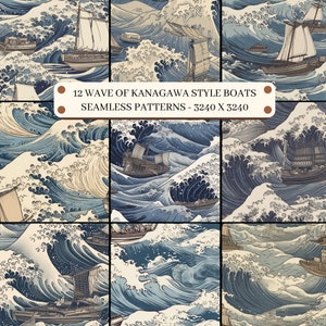 May include: A seamless pattern featuring a repeating design of a Japanese wave with a boat sailing through it. The wave is blue and white, and the boat is brown and white. The pattern is inspired by the famous Japanese woodblock print "The Great Wave off Kanagawa".