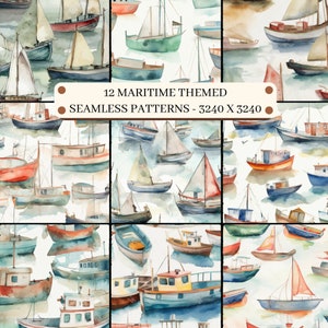 Può includere: Un set di 12 motivi senza cuciture che presentano illustrazioni ad acquerello di barche a vela e altre imbarcazioni nautiche. I motivi sono in una varietà di colori, tra cui blu, verde, rosso e bianco. I motivi sono perfetti per l'uso nello scrapbooking, nella creazione di biglietti e in altri progetti di artigianato.