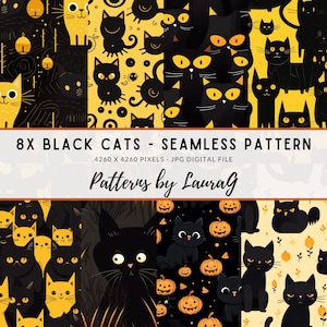 Patrón sin costuras de gatos negros, fondo de pantalla de Halloween (papel digital)