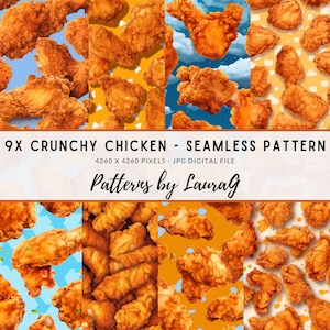 Pode incluir: Nove padrões digitais sem costura que apresentam pedaços de frango frito crocante em vários fundos, incluindo amarelo, azul e branco. Os padrões são de 4260 x 4260 pixels e são rotulados como "9X CRUNCHY CHICKEN - SEAMLESS PATTERN" e "Patterns by Laurag".