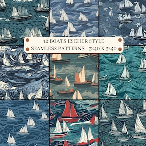 May include: Twelve seamless patterns featuring boats in an Escher-style design. The patterns are in shades of blue, white, and red, with the boats appearing to sail both above and below the waterline. The text "12 BOATS ESCHER STYLE SEAMLESS PATTERNS - 3240 X 3240" is displayed in the center of the image.