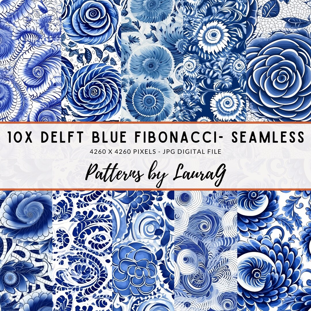 Delft Blue Fibonacci Digital Paper, Seamless Floral Pattern (digital ...
