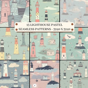 May include: 13 pastel lighthouse seamless patterns, each featuring a different design with lighthouses, boats, and seagulls. The patterns are perfect for creating a nautical theme in your home decor.