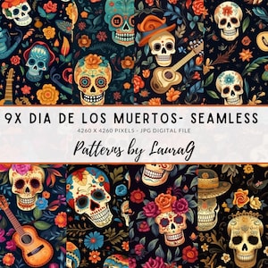 Papier numérique Dia de los muertos, jour de modèle sans couture des morts, papier peint imprimé réaliste, crâne de sucre de vacances halloween fond