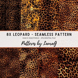 May include: Eight seamless leopard print patterns in a variety of colours and designs. The patterns are 4260 x 4260 pixels and are available as a JPG digital file. The text "Patterns by Laurag" is at the bottom of the image.