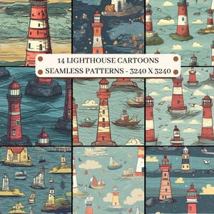 Modello senza cuciture marittimo, pacchetto di carta digitale del faro, carta da parati per bambini dei cartoni animati, sfondo dell'immagine della torre di guardia, stampa di download di file di album