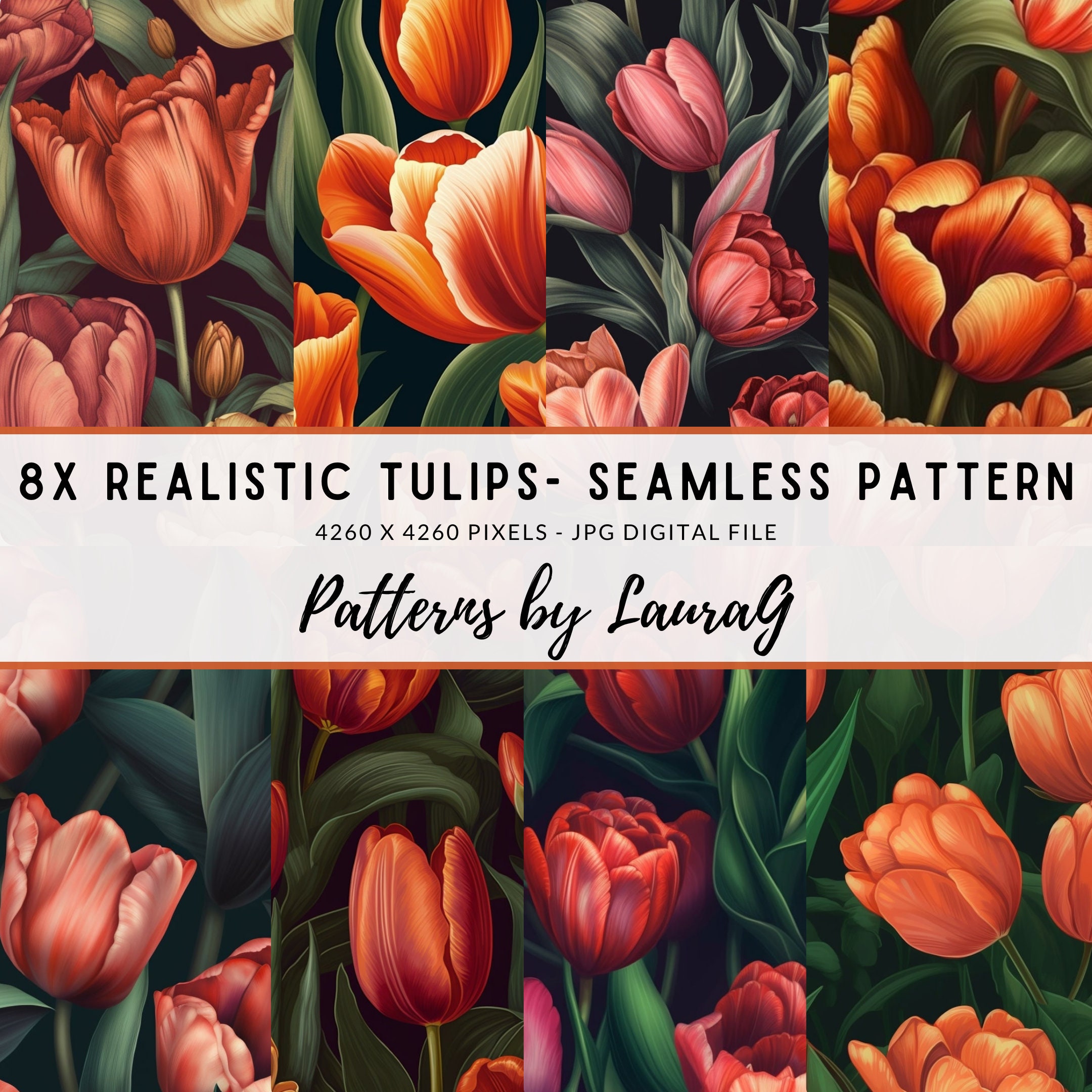 Realistic Tulip Digital Paper, Seamless Pattern Flower Realistic ...