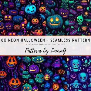 Halloween Neon Seamless Pattern, Skulls, Pumpkins (Digital Paper)
