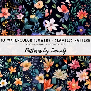 Seamless pattern watercolor flowers, floral print digital paper, watercolor flower wallpaper, floral print dark background scrapbook pattern