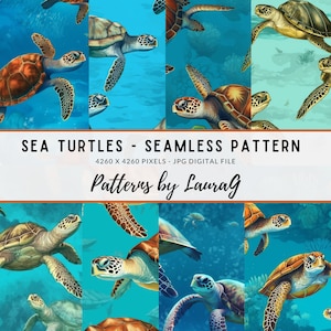 Peut inclure: Motif sans couture représentant des tortues marines colorées nageant dans un océan bleu turquoise. Le motif mesure 4260 x 4260 pixels et est un fichier numérique JPG. Le texte "Patterns by Laura G" est en bas de l'image.