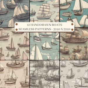 Seamless pattern handdrawn boats, nautical digital paper, kids wallpaper, sailboat background scrapbook, sea print download, old vessels