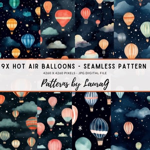 Balão de ar quente à noite papel digital, voo padrão sem emenda, papel de parede de impressão de crianças aéreas, padrão de álbum de recortes de fundo download de crianças