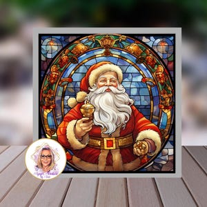 May include: A stained glass image of Santa Claus holding a golden chalice. He is wearing a red and white suit with a white beard and a red hat. The background is a stained glass window with a blue and green design.