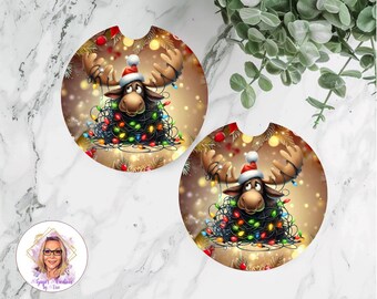 Christmas Moose Car Coaster/Set Of 2 Neoprene Car Coasters/Car Accessories/Car Décor/Sublimation Car Coaster/Gift/Gnome