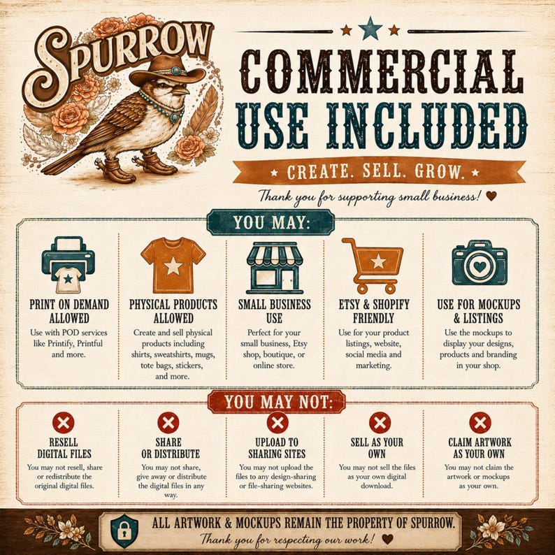 The image is a poster or flyer for a company called "Spurrow" that includes information about commercial use of their products and services.