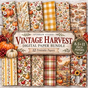 Digitalt höstpapperspaket, vintage bondgårdstryck för scrapbooking, utskrivbara höstpyssel, 12 ark