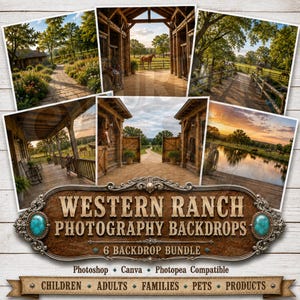Op de afbeelding: Een digitale bundel van zes Western ranch fotografie achtergronden met rustieke schuren, houten hekken, paarden en landschappen. De centrale decoratieve plaquette toont de tekst WESTERN RANCH PHOTOGRAPHY BACKDROPS 6 BACKDROP BUNDLE.
