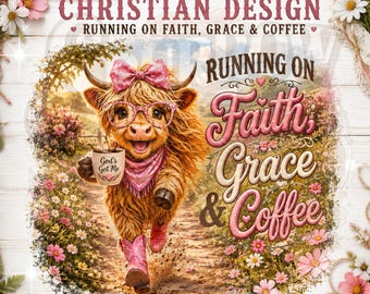 Vaca de las Tierras Altas Cristiana PNG, Café Faith Grace, Lazo rosa, Gafas, Botas (Archivos digitales)